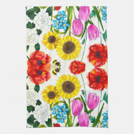Paño De Cocina Jardín floral de girasoles, tulipanes y amapolas