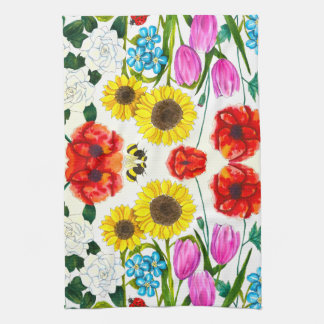 Paño De Cocina Jardín floral de girasoles, tulipanes y amapolas