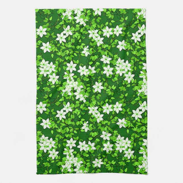 Paño De Cocina Jazmín blanco entre hojas verdes (Vertical)
