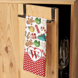 Paño De Cocina Jengibre de corazones rojos con monograma personal