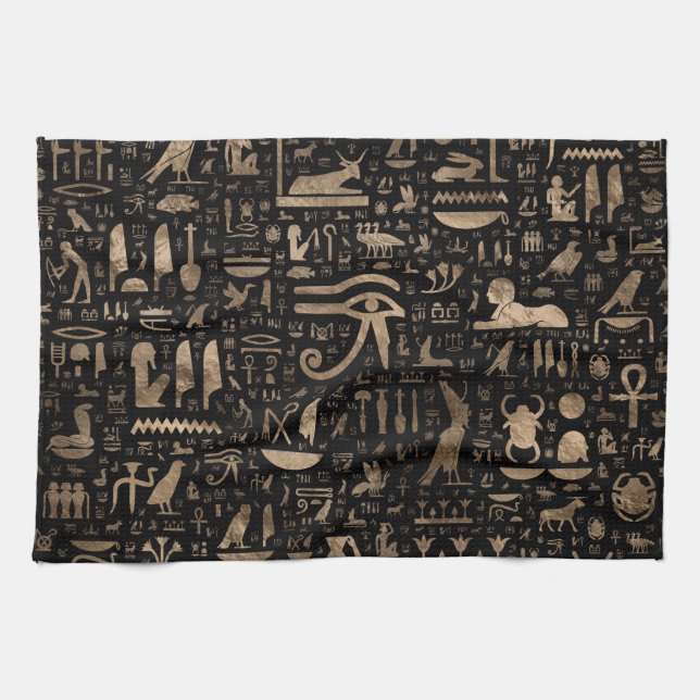 Paño De Cocina Jeroglíficos egipcios antiguos - negro y oro (Horizontal)