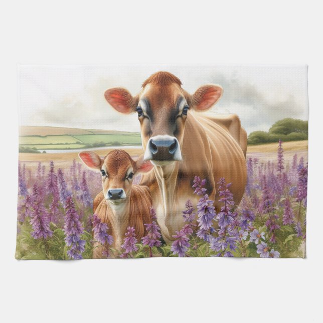 Paño De Cocina Jersey Cow y Calf Wildflower (Horizontal)