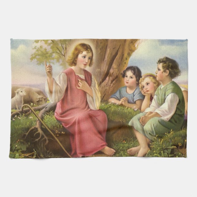 Paño De Cocina Jesucristo Enseñando Niños, Religión Vintage (Horizontal)