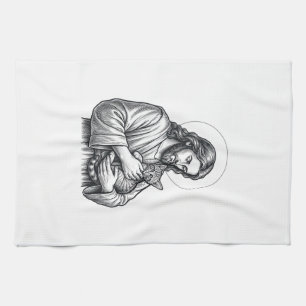 Paño De Cocina Jesús Antiguo Sosteniendo Grabado de Gato Gráfico_