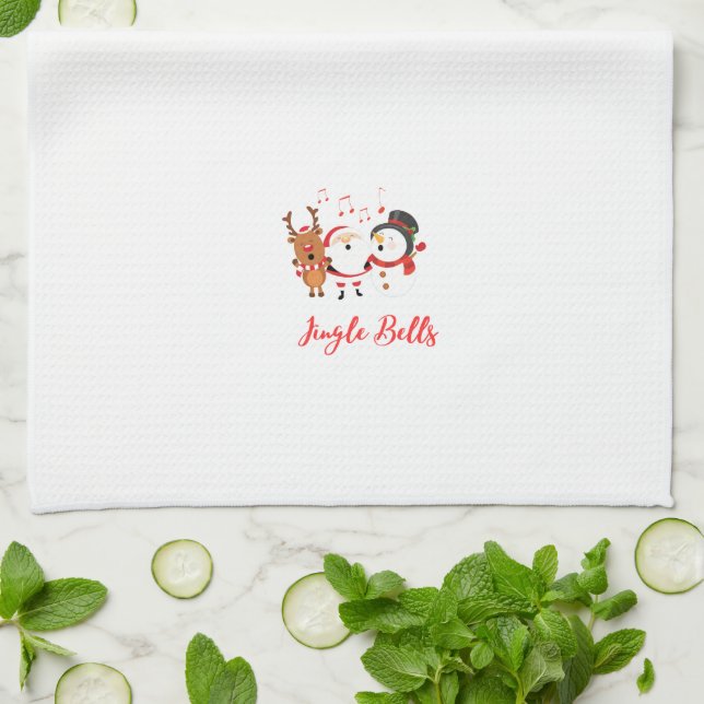 Paño De Cocina Jingle Bells con Santa, Snowman y reno en una tien (Doblado)