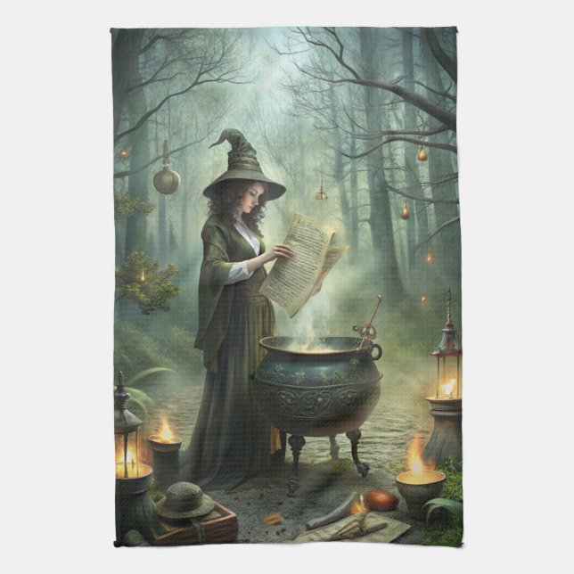 Paño De Cocina Joven bruja en ritual de bosque místico (Vertical)