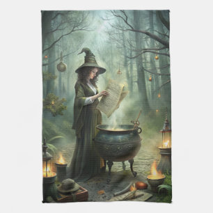Paño De Cocina Joven bruja en ritual místico forestal