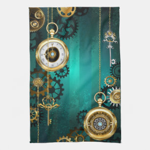 Paño De Cocina Joyería Steampunk Reloj en un Fondo Verde