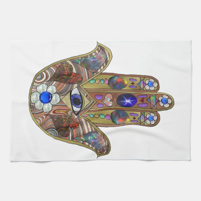 Paño De Cocina Judaica Hamsa Hearts Flowers Opal Art Print (Horizontal)