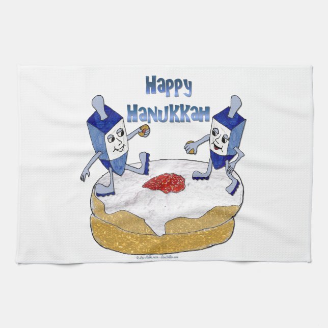 Paño De Cocina Judaica Happy Hanukkah Dancing Dreidels Doughnut (Horizontal)