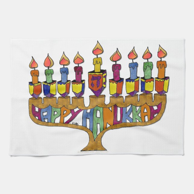 Paño De Cocina Judaica Happy Hanukkah Dreidel Menorah (Horizontal)