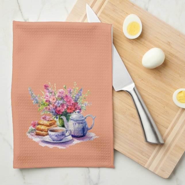 Paño De Cocina Juego de té para buquetes morado y rosa otoño (Doblado Cuarto)