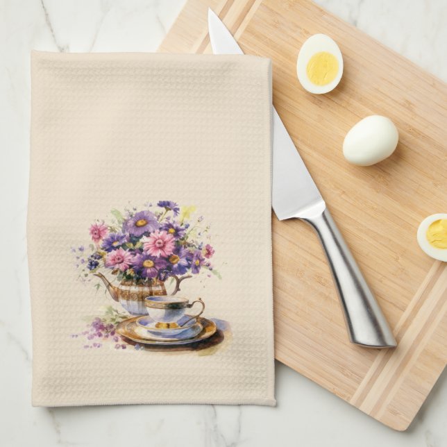 Paño De Cocina Juego de té para buquetes morado y rosa otoño (Doblado Cuarto)