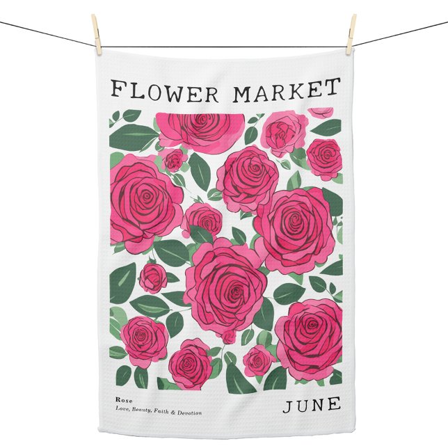 Paño De Cocina Junio Mercado de flores de nacimiento Impresión fl (Personalized June Birth Flower Market Kitchen Towel, Custom Floral Print Kitchen Towel, Rose Print)