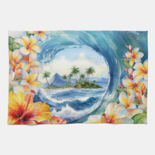 Paño De Cocina Kai Aloha Hibiscus Acuarela Ola Reversible