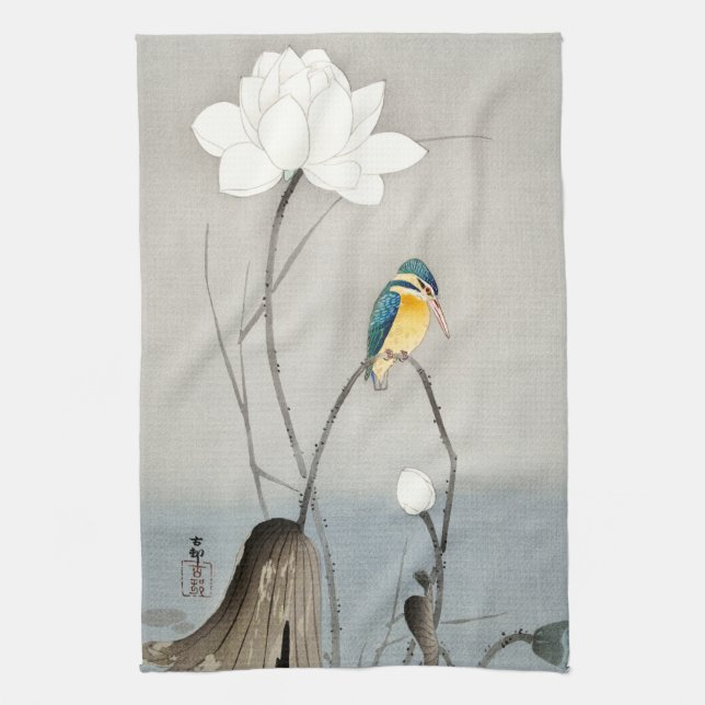 Paño De Cocina Kingfisher con Flor Lotus - Ohara Koson -  (Vertical)