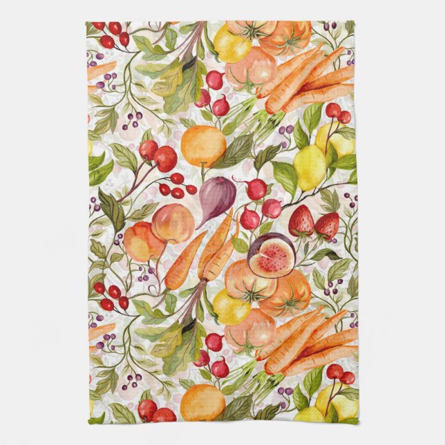 Paño De Cocina Kitchen Garden Harvest Watercolor Fruit & Veggie (Vertical)