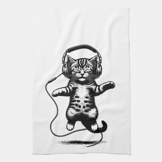 Paño De Cocina Kitten Flotante con audífonos, gato audiófilo (Vertical)