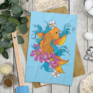Paño De Cocina Koi Fish Lotus Cherry Blossoms
