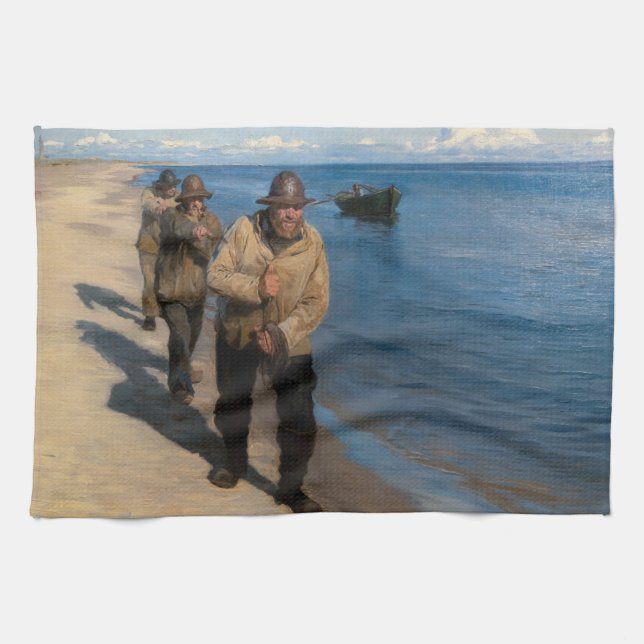 Paño De Cocina Kroyer - Tres pescadores lanzando un bote (Horizontal)