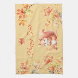 Paño De Cocina La ardilla de otoño feliz en las hojas