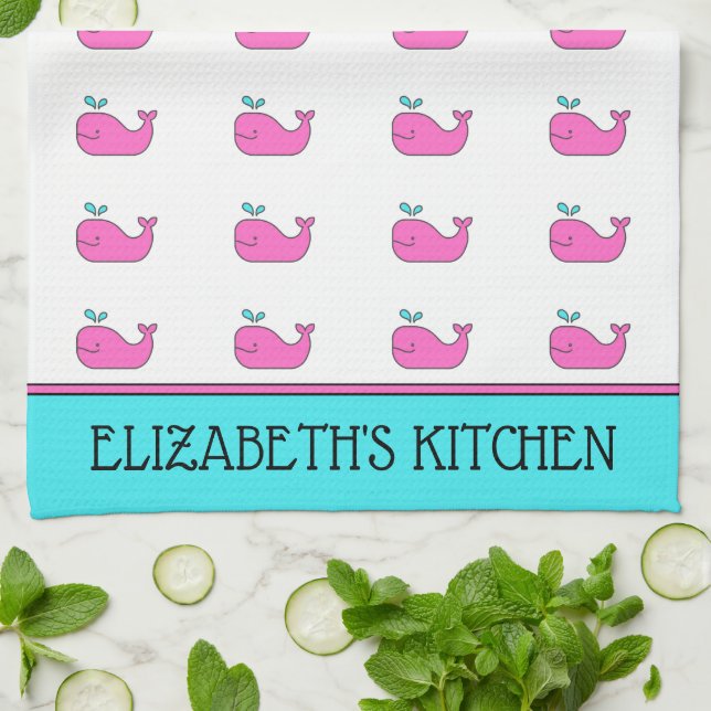 Paño De Cocina La ballena rosa náutico y Aqua personalizada (Doblado)