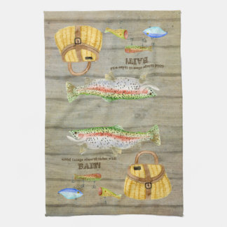 Paño De Cocina La cesta de la pesca de la trucha de la cabina del