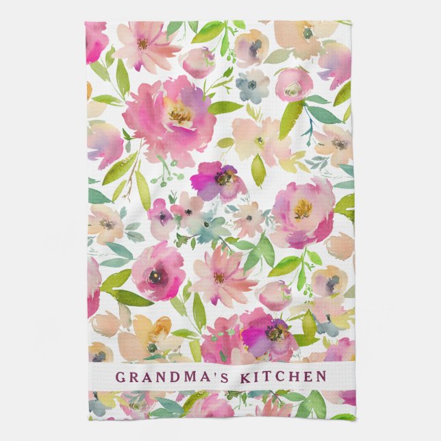 Paño De Cocina La cocina de la abuela acuarela floral personaliza (Vertical)