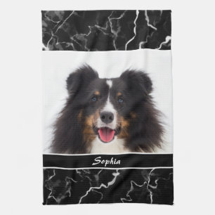 Paño De Cocina La foto de tu mascota en mármol negro falso y nomb