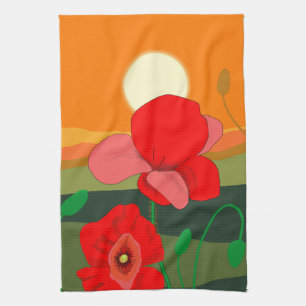 Paño De Cocina La pradera de amapola roja al atardecer