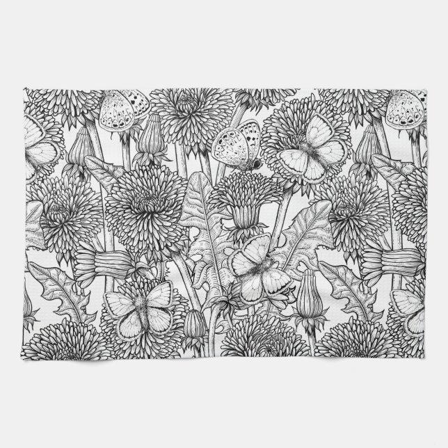 Paño De Cocina La pradera de Dandelion en blanco y negro (Horizontal)
