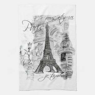 Paño De Cocina La Torre Eiffel de París - Collage negro y blanco