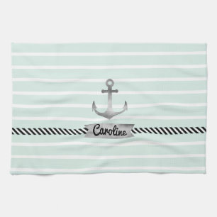 Paño De Cocina La verde menta raya personalizado gris del ancla