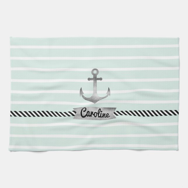 Paño De Cocina La verde menta raya personalizado gris del ancla (Horizontal)