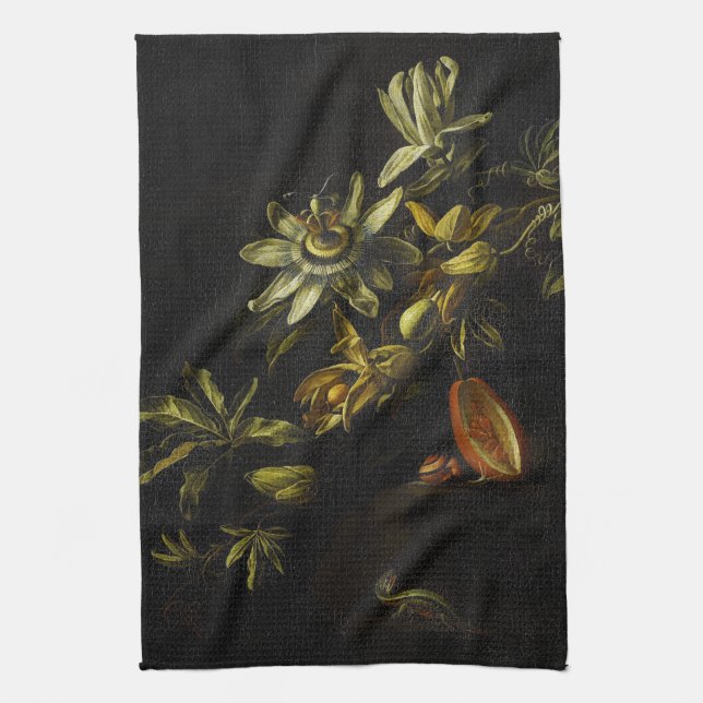 Paño De Cocina La vida vieja con flores de pasión en negro  (Vertical)