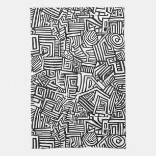 Paño De Cocina Laberinto geométrico abstracto de línea en blanco