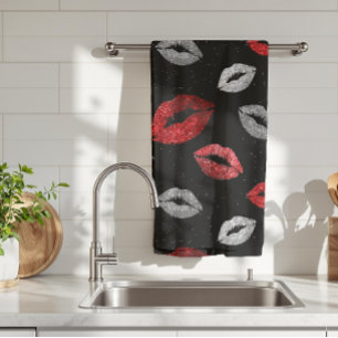 Paño De Cocina Labios Rojo Plateado con Brillo para San Valentín