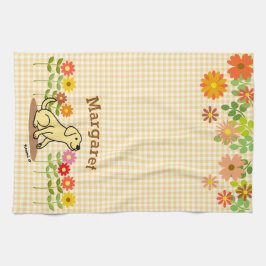 Paño De Cocina Labrador amarillo personalizado y muchas flores