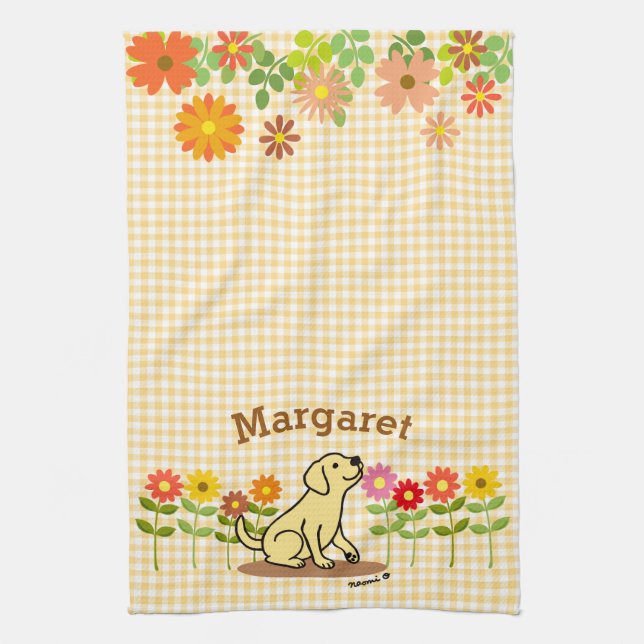 Paño De Cocina Labrador amarillo personalizado y muchas flores (Vertical)