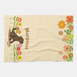 Paño De Cocina Labrador Chocolate Personalizado y Muchas Flores