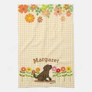 Paño De Cocina Labrador Chocolate Personalizado y Muchas Flores