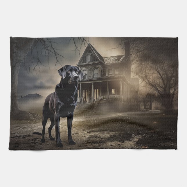 Paño De Cocina Labrador Negro Halloween de Terror (Horizontal)