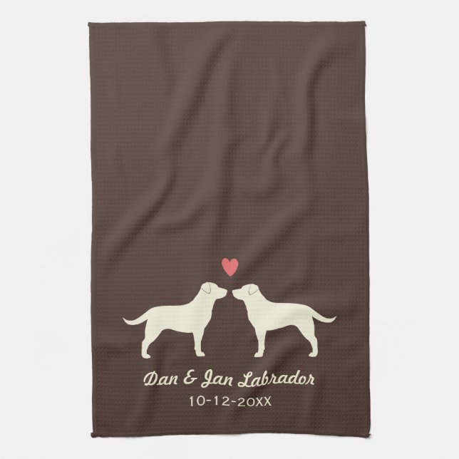 Paño De Cocina Labradores Retriever amarillos con corazón y texto (Vertical)