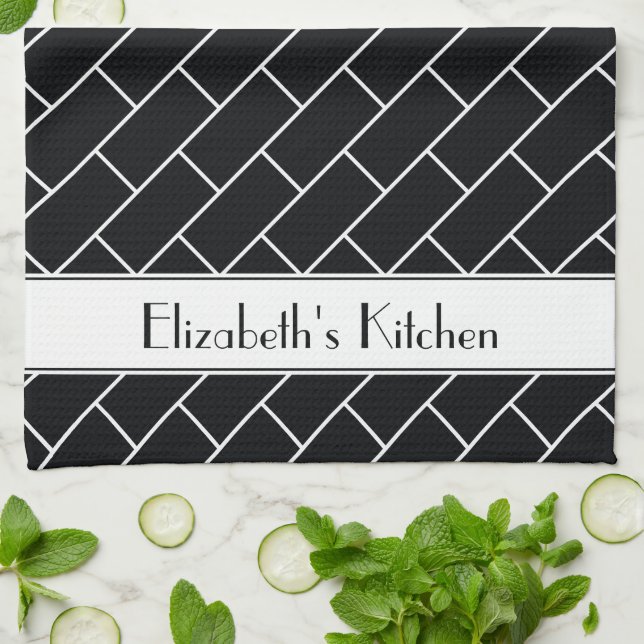 Paño De Cocina Ladrillo de mosaico blanco y negro personalizado (Doblado)