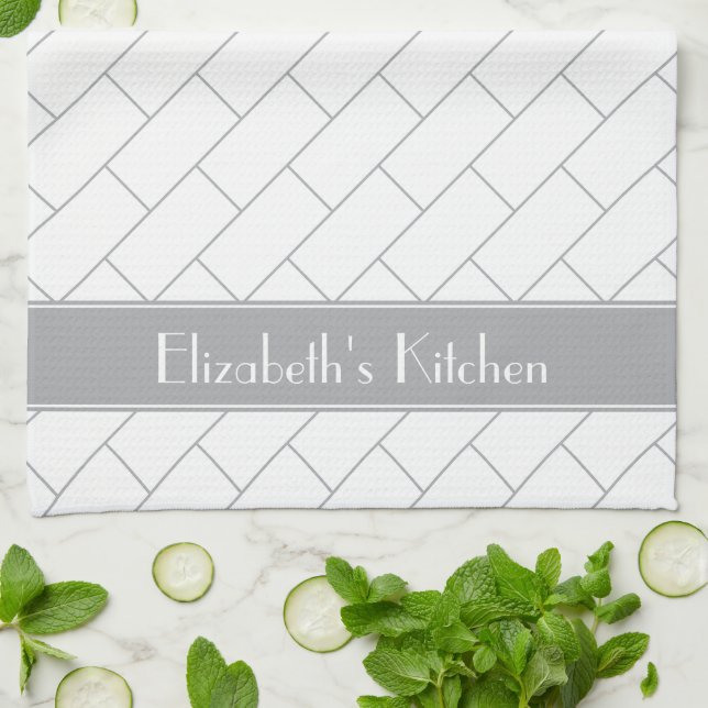 Paño De Cocina Ladrillo de mosaico gris blanco personalizado del  (Doblado)