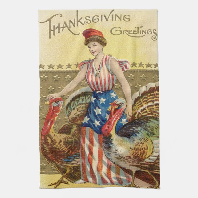 Paño De Cocina Lady Liberty Turkeys Bandera de Estados Unidos Pat (Vertical)