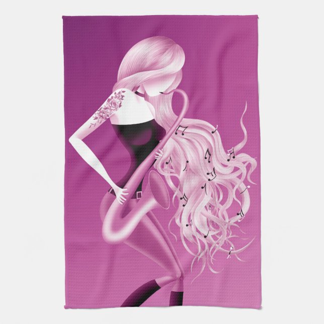 Paño De Cocina Lady Saxophonist Pink Tea Towel (Vertical)