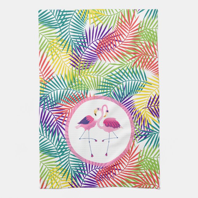 Paño De Cocina Láminas de palma tropical estilizadas y flamencos  (Vertical)