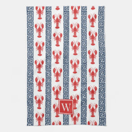 Paño De Cocina Langosta Preppy Griega Rojo y Azul Marino Monogram
