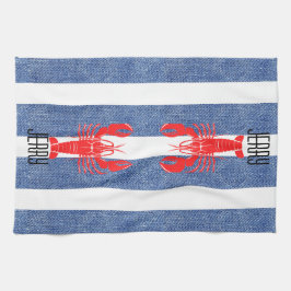Paño De Cocina Langosta roja en franjas de denim blanco azul